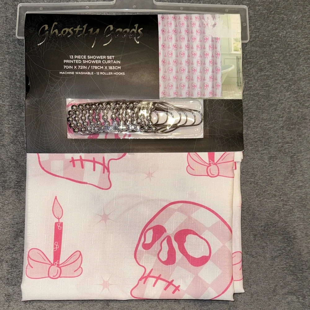 Ghostly Goods- NWT Pink and White Skulls Shower Curtain